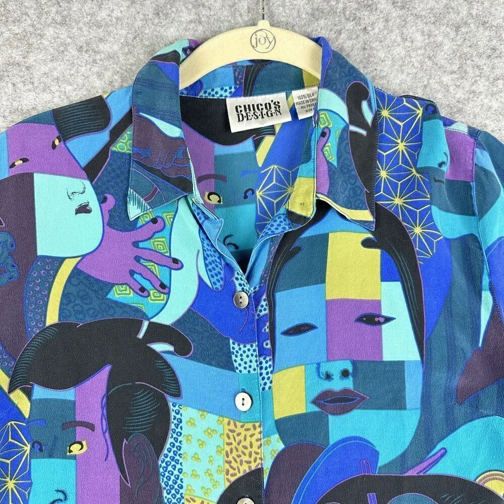 Chicos Silk Top Womens S Silk Abstract Geisha Asian Artsy Print Button Up Shirt